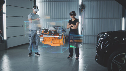 Wall Mural - two service manager engineers use virtual reality technology to diagnose an eco-friendly car engine 