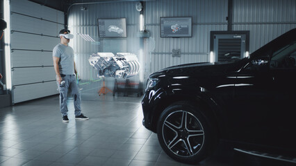 Wall Mural - car service manager assembling a car engine in a futuristic virtual reality program using a joystick