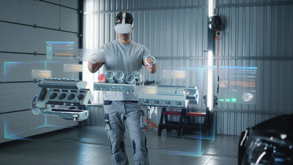 Wall Mural - an engineer tests the health of a car engine in a virtual futuristic program with 3d holographic int