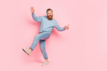 Wall Mural - Full length photo of overjoyed person enjoy new playlist dancing isolated on pink color background