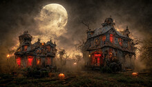 Halloween Haunted House Background, Digital Painting Technic.