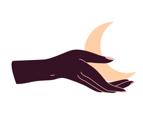 Wall Mural - Magical female hands holding the moon. Alchemy esoteric mystical magic heavenly talisman with a female hand. The object of spiritual occultism. Isolated vector illustration