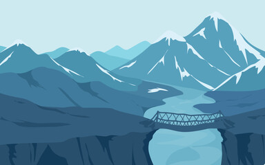 bridge connected two cliffs with snow covered mountains as background