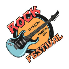 Poster - Emblem. Badge with skulls, guitars, microphone, subwoofer speakers and text. Vector illustration for festival poster, rock and roll band label templates