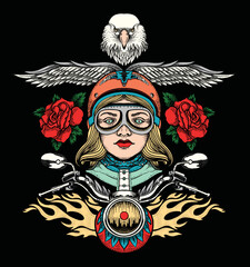 Poster - motorcycle girl. Illustration design surrounded by eagle, wings and roses. 