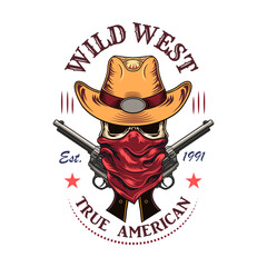 Wall Mural - Wild west flat sign. Colorful saloon or rodeo emblems and labels with cowboy skulls, guns and boots vector illustration. Wanted placard