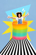 Vertical image of excited cheerful kid stand inside slinky toy raise hands isolated on drawing background
