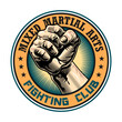 © Bro Vector - Fight club with fist label. Boxing and fighting club emblem with arm isolated vector illustration. Kickboxing, sport, martial arts and design element