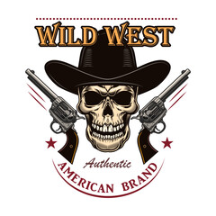 Wall Mural - Wild west sign. Colorful saloon or rodeo emblems and label with cowboy guns and boots vector illustration