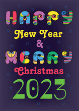 Happy New Year 2023 And Merry Christmas. Festive Inscription By Artistic Retro Font - Bright Colorful Letters With Disco Style. Vitage 60s. Retro 70s.Purple Background. Vector Illustration