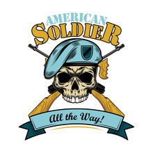 Army Emblem. Label With Skulls In Pilot Helmets Or Soldier Hats, Air Force Eagle Wings, Text And Ribbons. Vector Illustration
