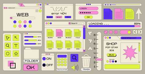 Retro cartoon set of web pages pc.old computer style. geometric frames in 90s memphis style. Set of user interface elements. Retro browser computer window. vector promo banner for design and print