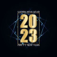 Wall Mural - Happy New Year 2023 and Merry Christmas greeting card. Golden numbers and neon geometric frame on dark background with glowing stars light. Vector illustration