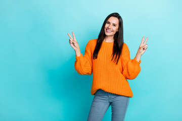 Wall Mural - Photo of satisfied glad lady hands fingers demonstrate v-sign isolated on aquamarine color background