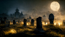Horror Cemetery At Night.Digital Art