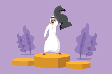 Poster - Graphic flat design drawing competitive Arab businessman holding, lifting knight chess piece. Successful entrepreneurship tactics, strategy, superiority in business goals. Cartoon vector illustration