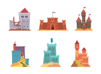 Poster - Fairy Tale Castle with Stone Tower, Castellation Walls and Flags Vector Set