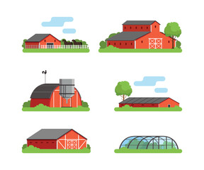 Sticker - Red Timbered Farm Building and Infrastructure Rested on Green Lawn Vector Set