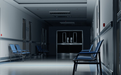 Wall Mural - Long dark hospital corridor with rooms and seats 3D rendering. Empty accident and emergency interior with bright lights lighting the hall from the ceiling