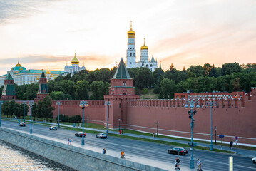 View of the Moscow Kremlin on the bank of the Moscow river. Cityscape of Moscow. Summer 2022