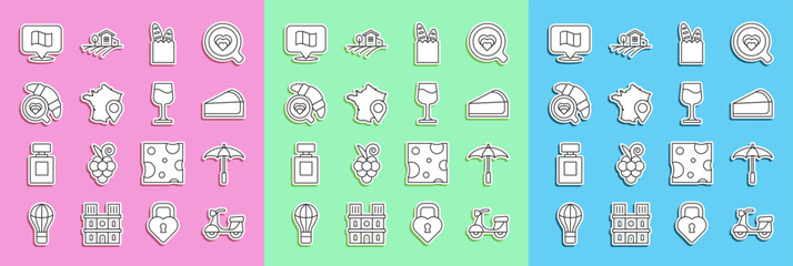 set line scooter, umbrella for beach, cherry cheesecake slice, french baguette bread, map of france,