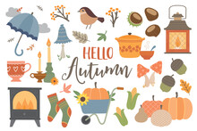 Vector Set Autumn Icons: Log Burner, Leaves, Cozy, Candles, Lantern, Acorns, Conkers. Scrapbook Collection Of Fall Season Elements. Background For Harvest Time. Autumn Greeting Card