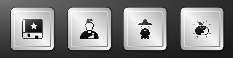 Set Ancient magic book, Wizard warlock, and Poison apple icon. Silver square button. Vector