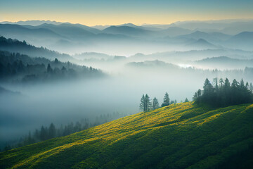 Wall Mural - View From Mountains to the Valley Covered with Foggy. Mountains in the fog. Foggy morning Landscape. aerial view
