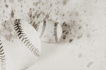 Poster - Baseballs in double exposure with vintage monochrome background for sport.