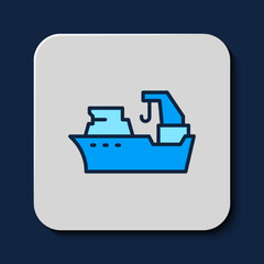 Sticker - Filled outline Fishing boat icon isolated on blue background. Fishing trawler. Vector