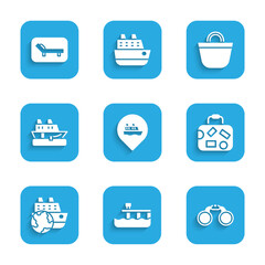 Sticker - Set Location with cruise ship, Beach pier dock, Binoculars, Suitcase, Cruise, bag and Sunbed and umbrella icon. Vector