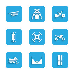 Poster - Set Drone flying, Skate park, Ski and sticks, Mountain bike, Snowmobile, Longboard or skateboard, Bicycle and Hang glider icon. Vector