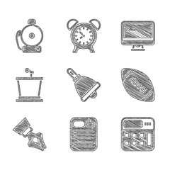 Sticker - Set Ringing bell, Dossier folder, Calculator, American football ball, Fountain pen nib, Stage stand, Computer monitor and alarm icon. Vector