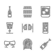 Sticker - Set Saloon door, Wooden barrel rack, Opened bottle of wine, Effervescent tablets water, Glass cognac brandy, Wine glass, whiskey and Champagne icon. Vector