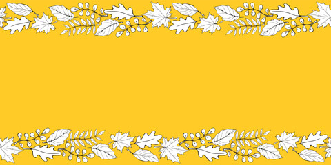 Wall Mural - Vector background, frame made of autumn leaves on edges. Horizontal top and bottom edging, border, template for seasonal design, thanksgiving theme and happy fall