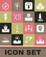 Poster - Set Tourist tent, Location for camping, Campfire, Mushroom, Match stick, Flashlight, Compass and Barbecue grill icon. Vector