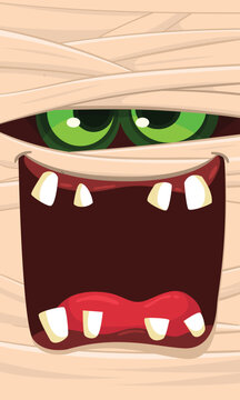  Scary cartoon monster mummy face vector. Cute square avatar or icon. Halloween illustration. Great for party decoration