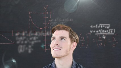 Canvas Print - Animation of mathematical equations with lens flare over caucasian man looking away