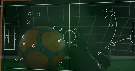 Poster - Animation of strategy of soccer game over soccer ball and leather boots against net