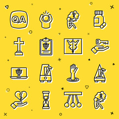 Sticker - Set line Man graves funeral sorrow, Metronome with pendulum, Solution to the problem, Head question mark, Psychology, Psi, Graves, Question and Answer and Rorschach test icon. Vector