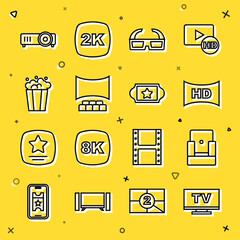 Sticker - Set line Smart Tv, Cinema chair, Hd movie, tape, frame, 3D cinema glasses, auditorium with screen, Popcorn cardboard box, Movie, film, media projector and ticket icon. Vector