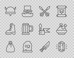 Wall Mural - Set line Old money bag, Gem stone, Medieval arrows, Magic rune, Viking in horned helmet, Wooden beer mug, Dagger and Roasted turkey chicken icon. Vector