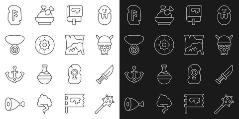 Sticker - Set line Mace with spikes, Dagger, Skull viking helmet, Viking book, Shield, Necklace gem, Magic rune and Folded map icon. Vector