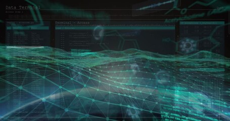 Animation of floating icons with digital wave pattern over programming language and soundwave