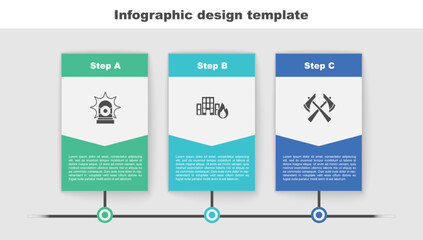 Poster - Set Flasher siren, Fire in burning buildings and Firefighter axe. Business infographic template. Vector