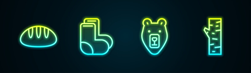 Canvas Print - Set line Bread loaf, Valenki, Bear head and Birch tree. Glowing neon icon. Vector