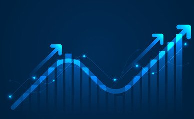 Financial graph with uptrend line and arrows on blue color background.  Business and finance concept