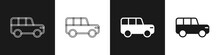 Set Safari Car Icon Isolated On Black And White Background. Vector