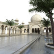 Palms with water pools and palace walls around empty wet square. Isolated 3d rendering