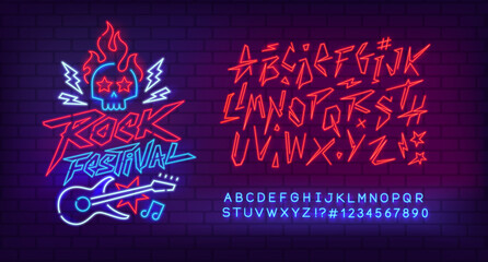Wall Mural - Rock n Roll music Neon Light sign with type font - editable vector template. Neon tube letters design for Rock music, Bar Light sign. Neon font. Rock Festival cyberpunk style lettering design 